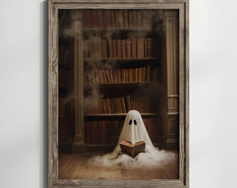 Impresión de arte fantasma de biblioteca vintage, Arte de pared de fantasma de Halloween imprimible, Decoración de Halloween, Academia, Impresiones digitales de fantasmas espeluznantes lindos