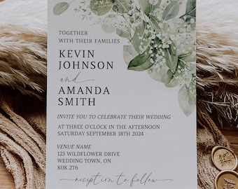 Sage Greenery Minimalist Wedding Invitation Template | Eucalyptus Wedding Invite | Elegant Boho Greenery Invites | Printable