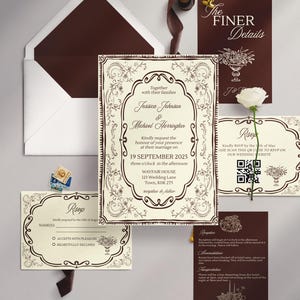May include: Elegant wedding invitation suite in cream and brown tones. Includes invitation, RSVP, and details cards with floral border designs. Features a white rose and a wax seal. The invitation text includes the names Jessica Johnson and Michael Harrington.