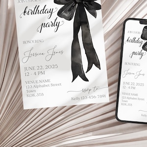 Minimalist Black Bow Birthday Invitation | Editable Digital Invitation | Elegant Party | Black Bow Coquette Theme Milestone Birthday Party