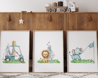 Golf Nursery Print Set of 3 | Safari Nursery Art  | Boys Room | Watercolour Wall Art | Kids Wall Decor | Printable Art | Baby Shower Gift