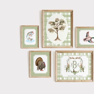 May include: Five framed prints with a green and white plaid background. The prints feature a watercolor illustration of a tree, a fish, a duck, a turkey, and a monogram with the initials "KBH" and the text "Kyle Harold Beckham".