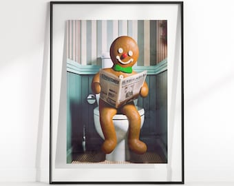 Gingerbread man on Toilet, Printable Christmas Bathroom Art, Holiday Bathroom Decor, Funny Bathroom Art Prints, Digital Download Art Print