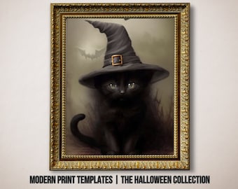 PRINTABLE Halloween Black Cat Wall Art, Black Cat Art Print, Halloween Wall Art, Witchy Kitten Prints, Digital Download