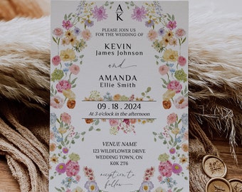Plantilla de invitación de boda con flores de jardín / Invitación de boda con flores silvestres de verano / Invitaciones de boda con flores coloridas e imprimibles