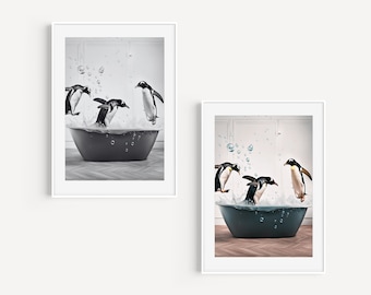 Cute Penguins Jumping into Bathtub | PRINTABLE Bathroom Decor | Animals in Bathtub Photo Prints | Digital Download Colour | Black and White