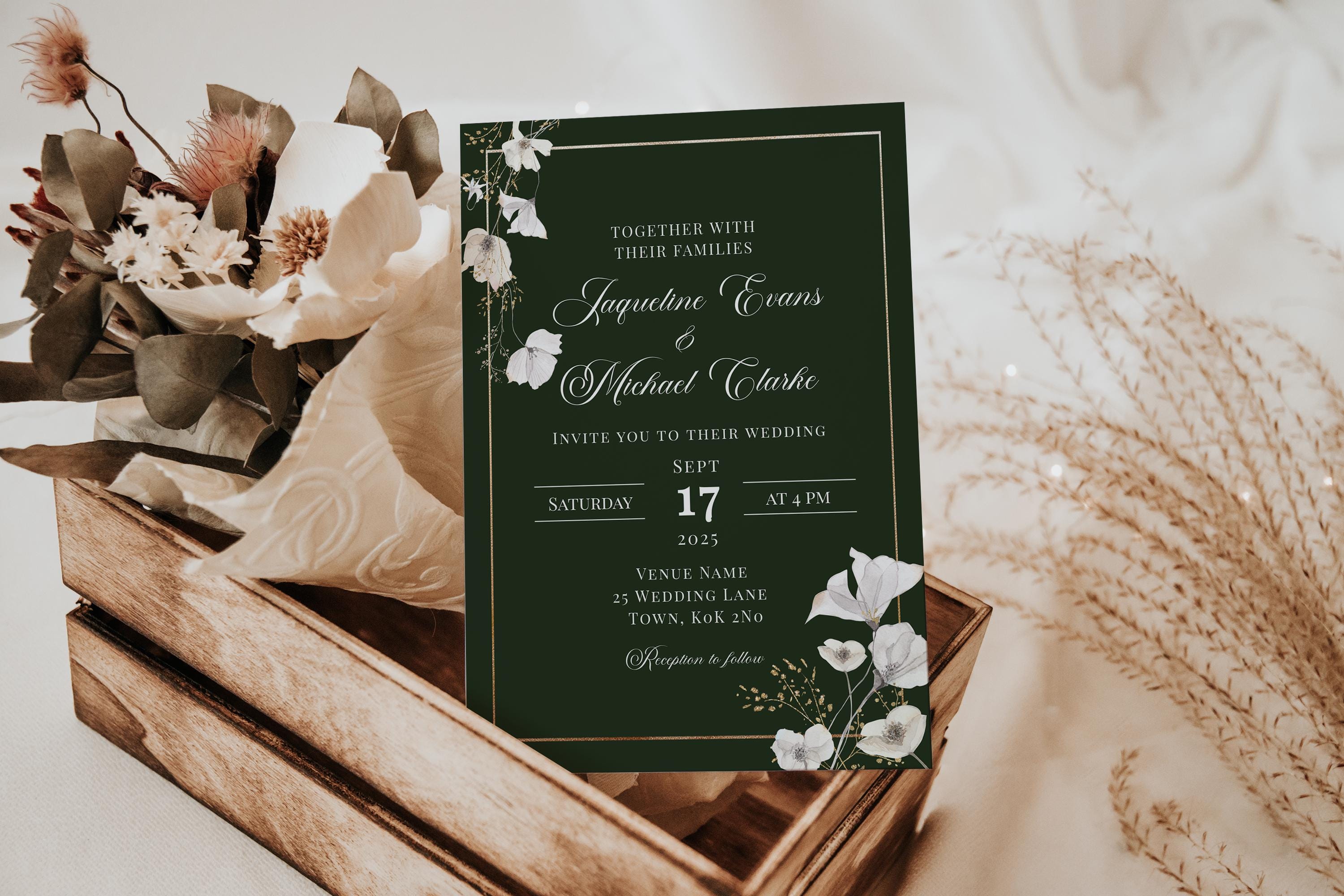 Emerald Green and Gold Floral Wedding Invitation Template | Elegant ...