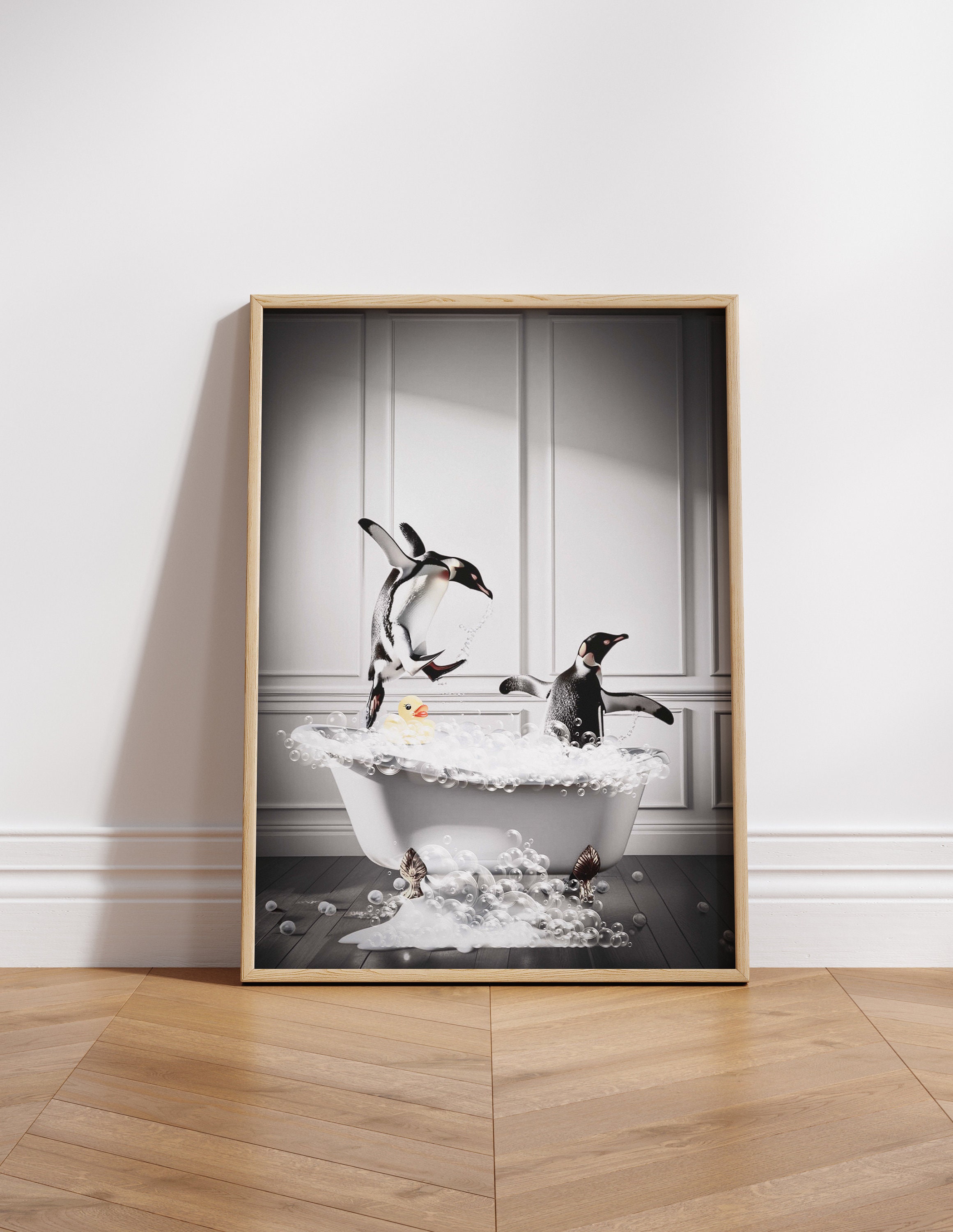Printable Animal in Tub Wall Art Black and White Penguin Bathroom