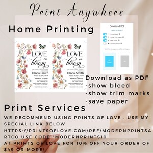 May include: Two floral bridal shower invitations with the text "Love in Bloom" and a butterfly design. The invitations are for Olivia Smith and include the date, time, and venue name. The text "Download as PDF - show bleed - show trim marks - save paper" is also included.