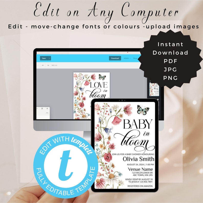 May include: Editable baby shower invitation template with a floral design and the text "Baby in Bloom". The template is available for instant download in PDF, JPG, and PNG formats.