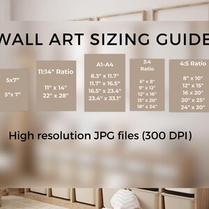 May include: A chart with a beige background and black text showing different wall art sizing guides for various ratios, including 11:14, A1-A4, 3:4, and 4:5. The chart includes measurements in inches for each ratio.