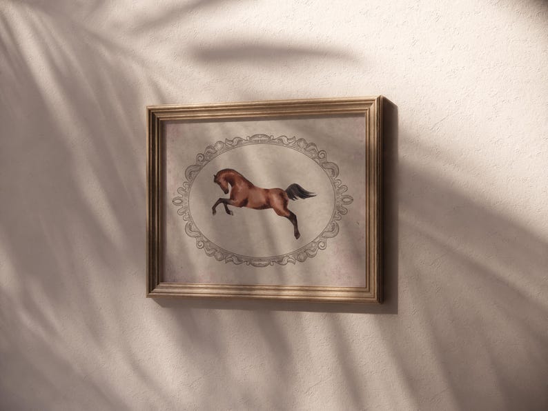 May include: A framed print of a brown horse with a black mane and tail, running in a circle. The horse is depicted in a vintage style, with a decorative border around the image.