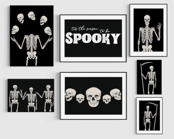 Skeleton Prints | Halloween Printable wall art | Halloween decor | Halloween Poster | Skeleton Art Poster | Set of 6 Black and White