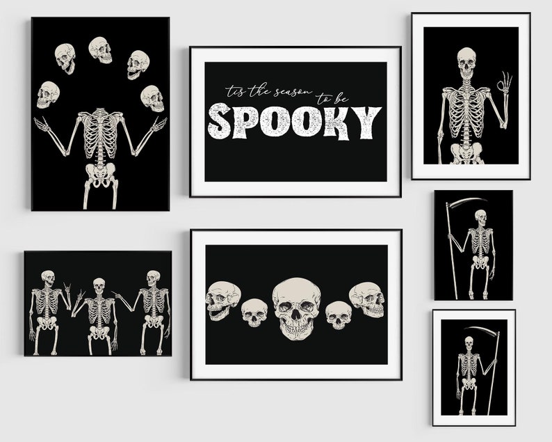 halloween black and white skeletons set of 6 printable wall art
