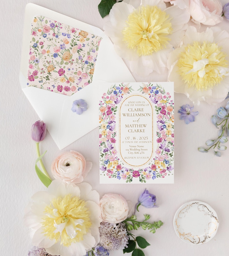 bright garden floral wedding invitations
