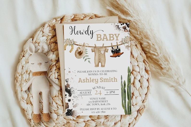 rustic gender neutral cowboy or cowgirl baby shower invitation for unknown gender.  Country western theme boho beige accents