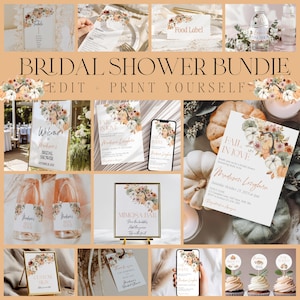 Fall in Love Bridal Shower Bundle | Fall Pumpkin Bridal Shower Invitation | Autumn Floral Bridal Shower Decor and Signs Editable BRS-08