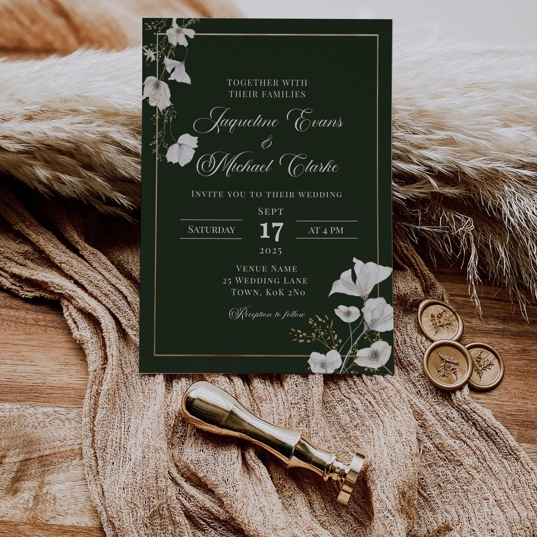 Emerald Green and Gold Floral Wedding Invitation Template | Elegant ...