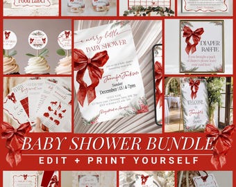 Merry Little Baby Shower Bundle | Red Bow Christmas Invitation Bundle | Gender Neutral Holiday Baby Shower Decor | Winter Baby Templates