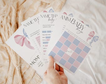 Roze strik babyshower spelletjes, roze strik spelletjes afdrukbaar, roze strikken meisje babyshower spelletjes bundel, roze lint, minimalistisch pakket babyfeestjes