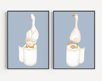 Bathroom wall decor | Silly goose bathroom art print | toilet paper | bathroom kids art | Blue Toilet Art | Funny Goose Art Print