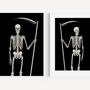May include: Two black and white illustrations of a skeleton holding a scythe. The skeleton is standing with its left arm extended holding the scythe. The skeleton is wearing a skull for a head.