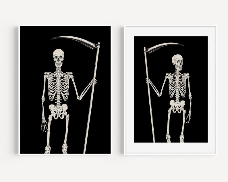 May include: Two black and white illustrations of a skeleton holding a scythe. The skeleton is standing with its left arm extended holding the scythe. The skeleton is wearing a skull for a head.