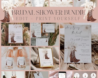 Paquete de invitaciones y decoraciones para despedida de soltera con botas vaqueras / Despedida de soltera estilo bohemio campestre / Plantillas para despedida de soltera con botas vaqueras