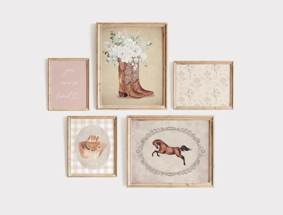 Cowgirl Nursery Prints Set of 5  | floral western nursery print | Rustic Nursery Decor | Western Girl Room Printable Art | Vintage Kids Room