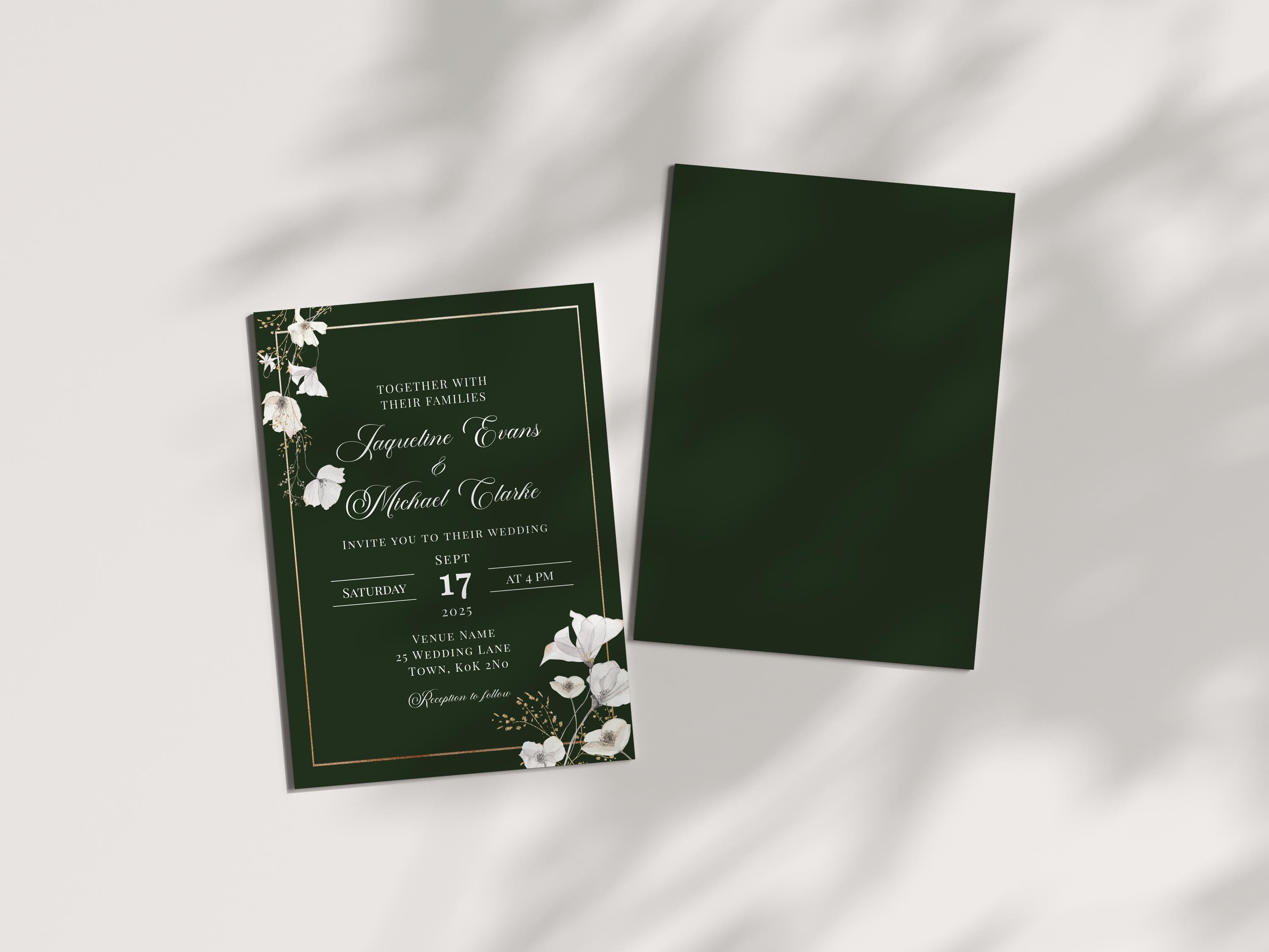 Emerald Green and Gold Floral Wedding Invitation Template | Elegant ...