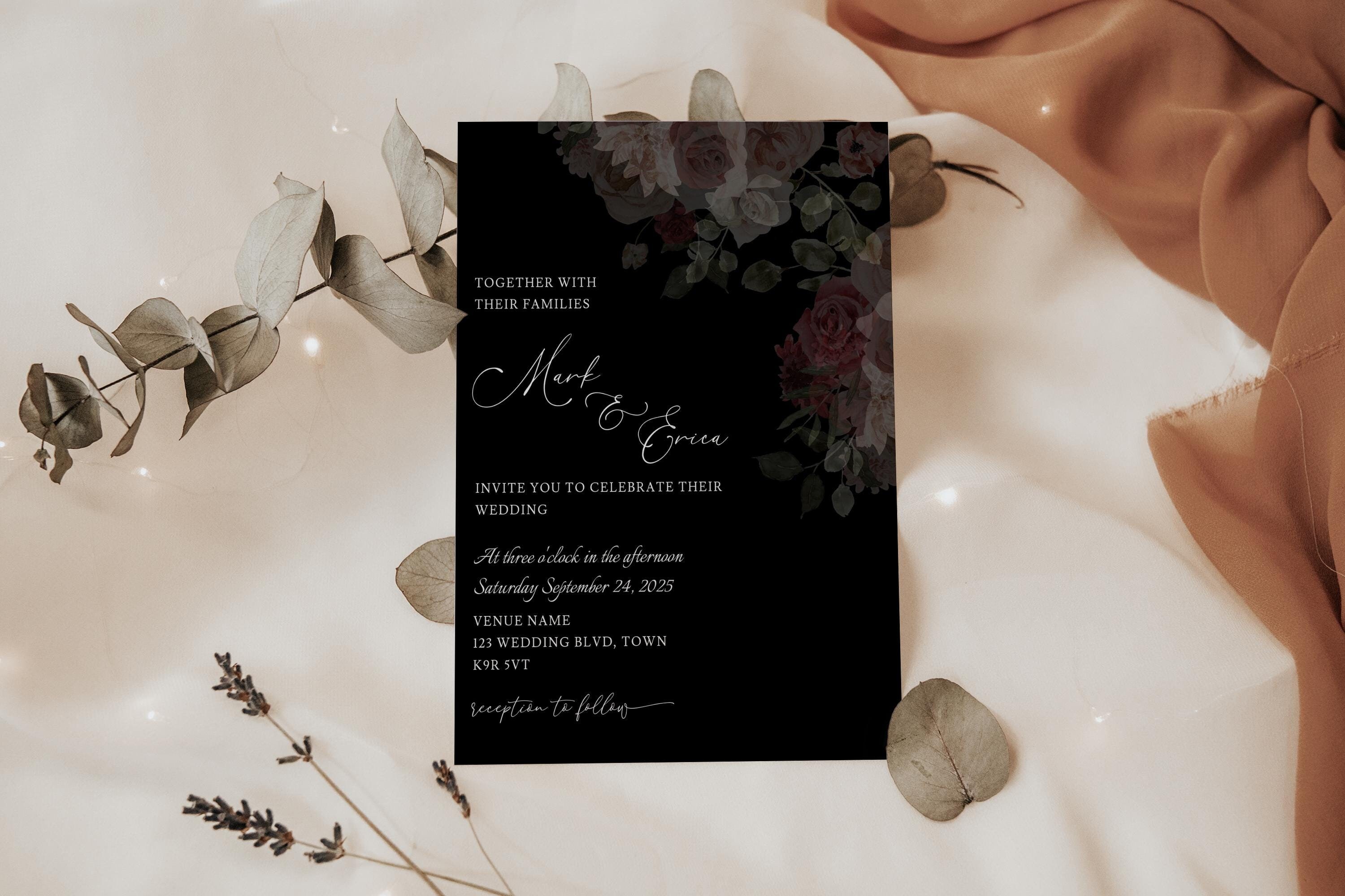 Plantillas de invitaciones de boda en negro y rojo, oscuras y melancólicas  - Invitaciones negras - Invitación de boda floral Marsala - Invitaciones  DIY - Etsy México, image size:3000x2000
