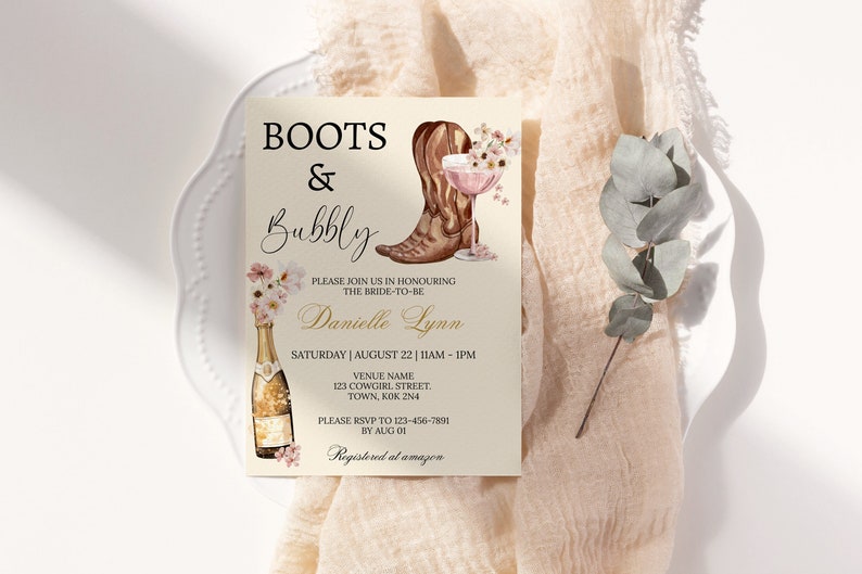 rustic boots and bubbly country themed bridal shower brunch invitation with beautiful pink floral design and champagne bottle