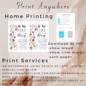 May include: Two floral bridal shower invitations with the text "Love in Bloom" and a butterfly design. The invitations are for Olivia Smith and include the date, time, and venue name. The text "Download as PDF - show bleed - show trim marks - save paper" is also included.