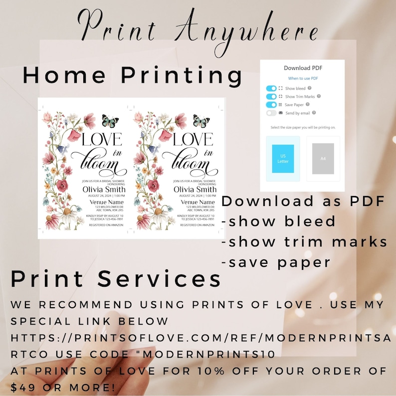 May include: Two floral bridal shower invitations with the text "Love in Bloom" and a butterfly design. The invitations are for Olivia Smith and include the date, time, and venue name. The text "Download as PDF - show bleed - show trim marks - save paper" is also included.