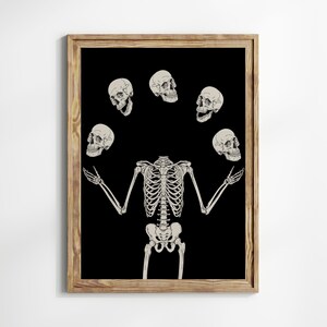 May include: A black and white illustration of a skeleton juggling five human skulls. The skeleton is in a standing position with its arms outstretched. The skulls are all different sizes and shapes.