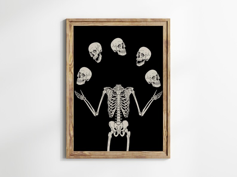 May include: A black and white illustration of a skeleton juggling five human skulls. The skeleton is in a standing position with its arms outstretched. The skulls are all different sizes and shapes.