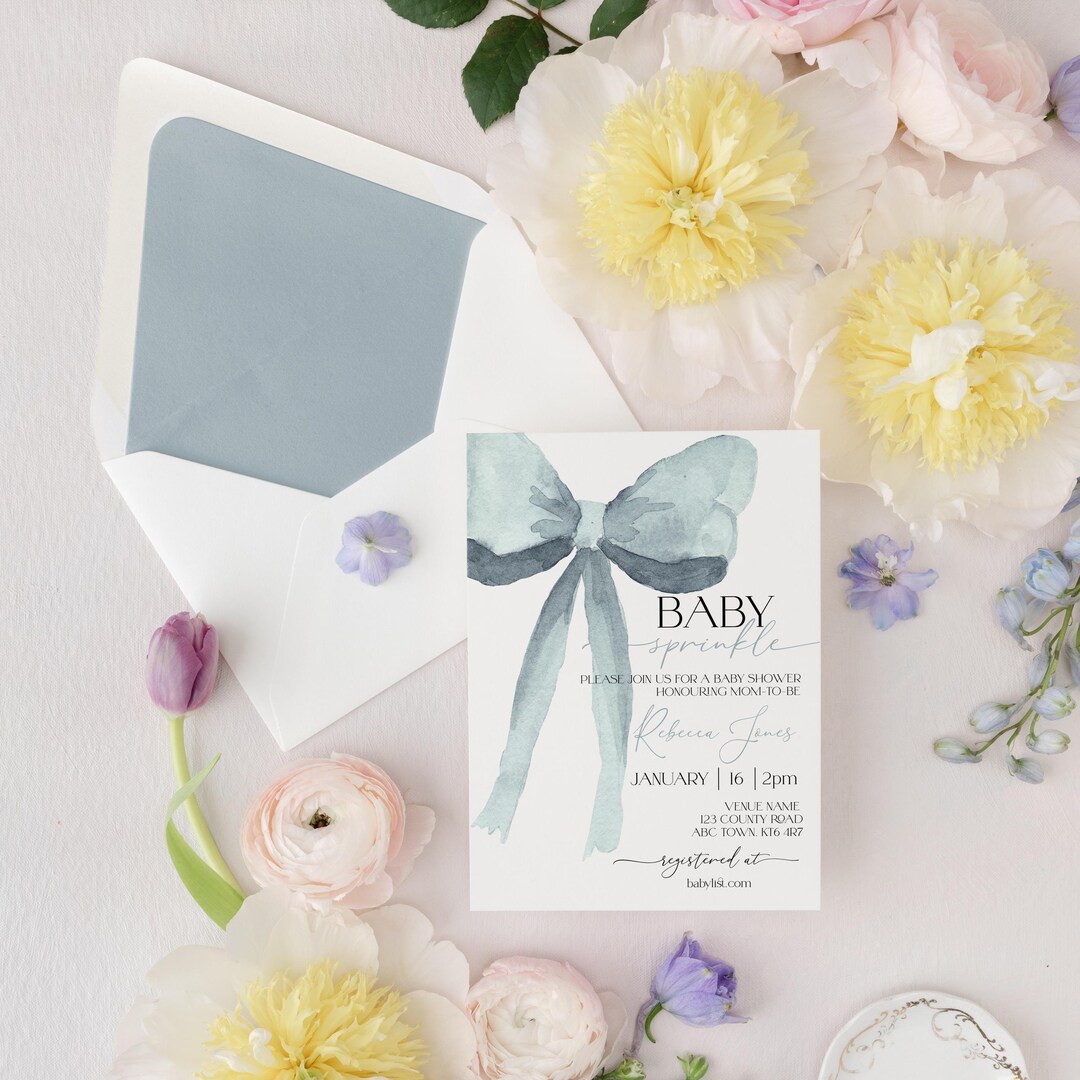 Plantilla de invitación imprimible con moño azul para baby shower ...