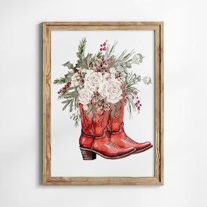 May include: A watercolor painting of a pair of red cowboy boots with a bouquet of white flowers and greenery inside. The boots are set against a white background.
