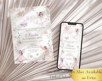 Könnte beinhalten: Eine druckbare Einladung zu einer 5. Geburtstagsfeier für ein Mädchen. Die Einladung zeigt ein florales Design mit Feen und Schmetterlingen. Der Text auf der Einladung lautet: "Flutter & Twirl, Olivia wird fünf, Samstag, 25. Juni, 13:00-17:00 Uhr, 123 Fairy Road, Fairy, ON KOK 476, RSVP an Jessica 123-456-7894".