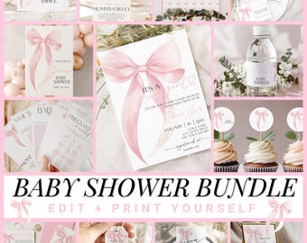 Paquete de invitación y decoración para baby shower con lazo rosa / Invitación imprimible con lazo rosa y juegos / Baby shower de niña coqueta rosa BBS-01