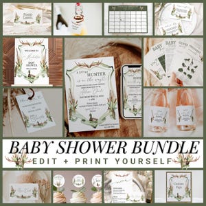 Ensemble baby shower A Little Hunter | Faire-part imprimable, jeux, modèles de décoration pour garçons, téléchargement immédiat | Canard colvert Chevreuil Chasse Pêche
