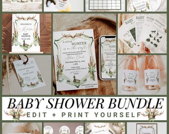 Paquete para baby shower de "Un pequeño cazador" / Invitación imprimible, juegos, plantillas de decoración para niños, descarga instantánea / Caza, pesca, pato, ciervo