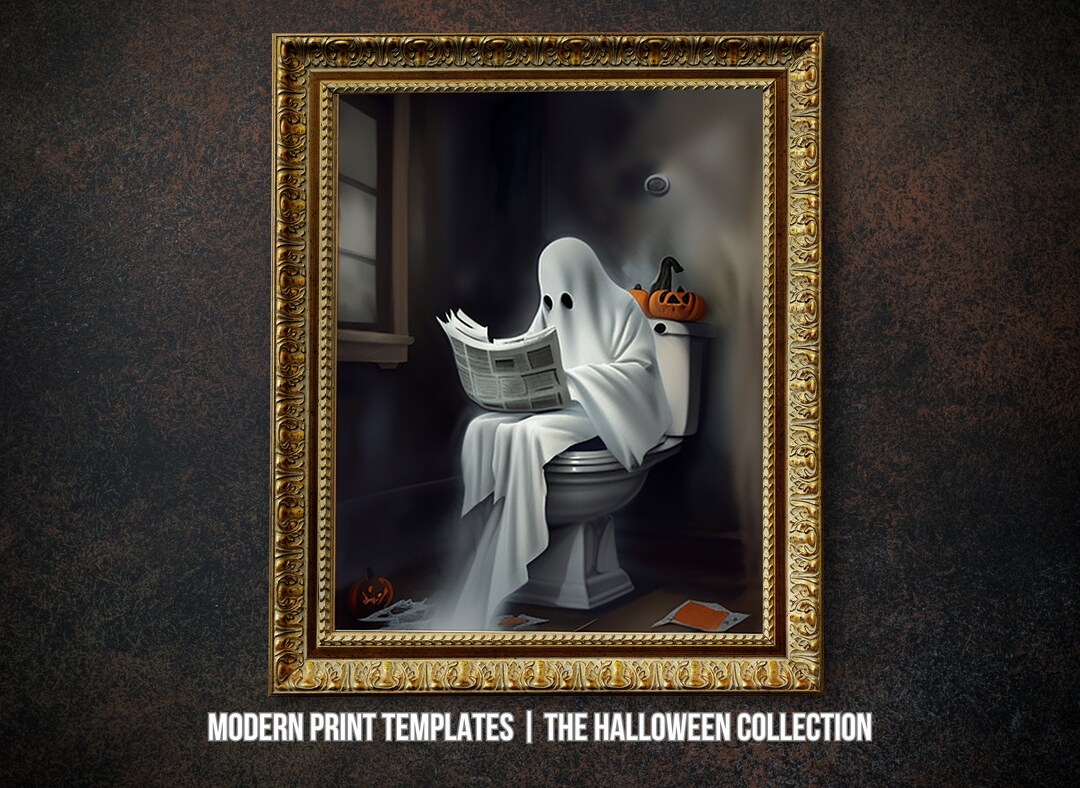 PRINTABLE Halloween Wall Art, Ghost on Toilet Art Print, Funny