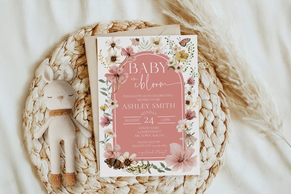 Baby in Bloom Pink Boho Wildflower Shower Invitation - Instant Download | Wildflower Baby Brunch Invite | Garden Baby Shower | Print at home