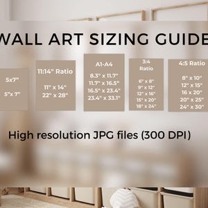 May include: A chart with a beige background and black text showing different wall art sizing guides for 5x7, 11x14, A1-A4, 3:4 and 4:5 ratios. The chart includes measurements in inches. The text at the bottom of the chart reads "High resolution JPG files (300 DPI)".