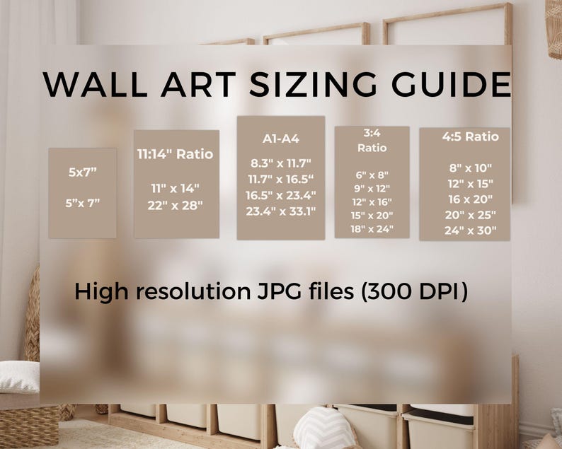 May include: A chart with a beige background and black text showing different wall art sizing guides for 5x7, 11x14, A1-A4, 3:4 and 4:5 ratios. The chart includes measurements in inches. The text at the bottom of the chart reads "High resolution JPG files (300 DPI)".
