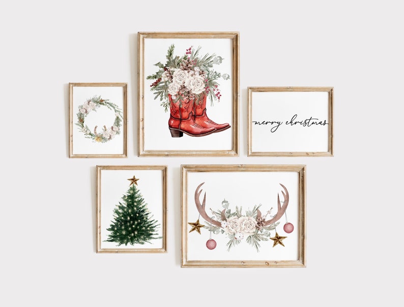 counrty western christmas decor gallery wall printable art with deer antlers and red cowboy boots watercolour