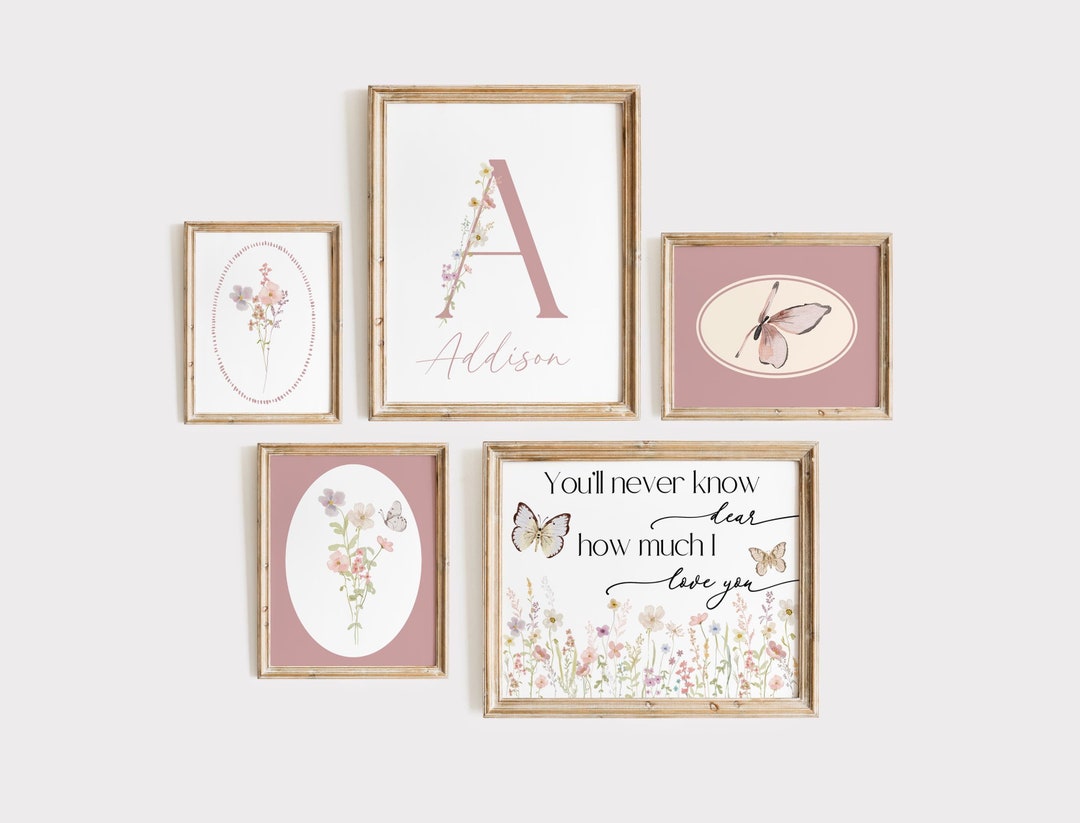 Personalized Set of 5 Wildflower Nursery Prints | Baby Girl Pink ...