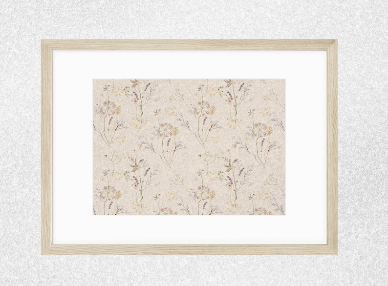 May include: A framed print with a beige background and a repeating pattern of delicate, dried flowers in shades of brown, purple, and white.
