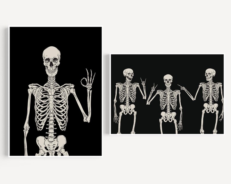 May include: Three skeletons on a black background. The skeleton on the left is making an okay sign with its hand. The skeleton in the middle is making a peace sign with its hand. The skeleton on the right is making a peace sign with its hand.